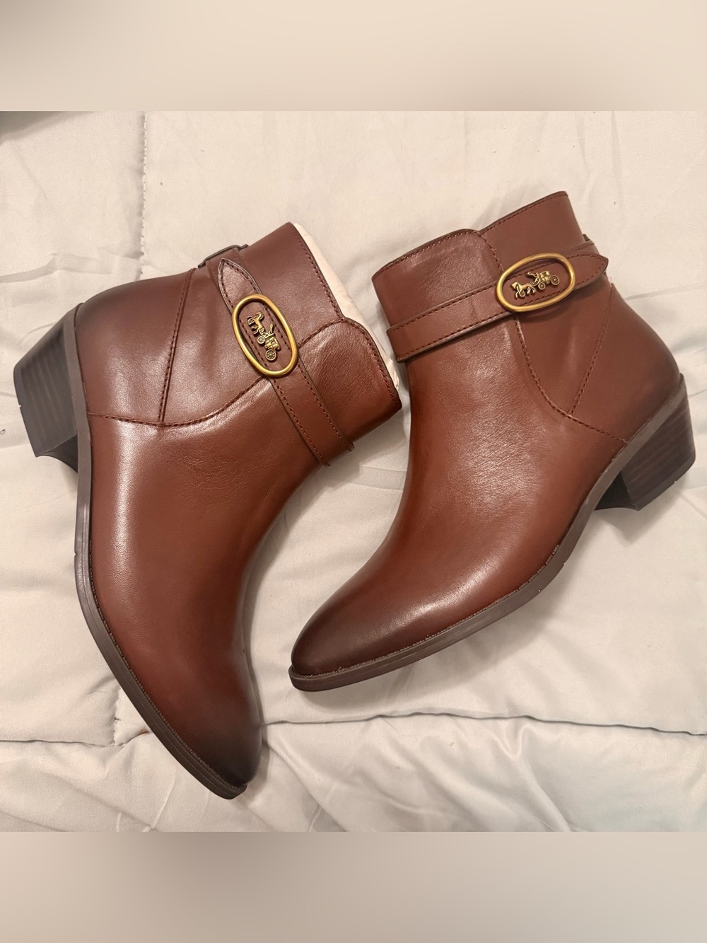 Coach Brown Leather Ankle Heeled Boots with Gold-Tone Emblem